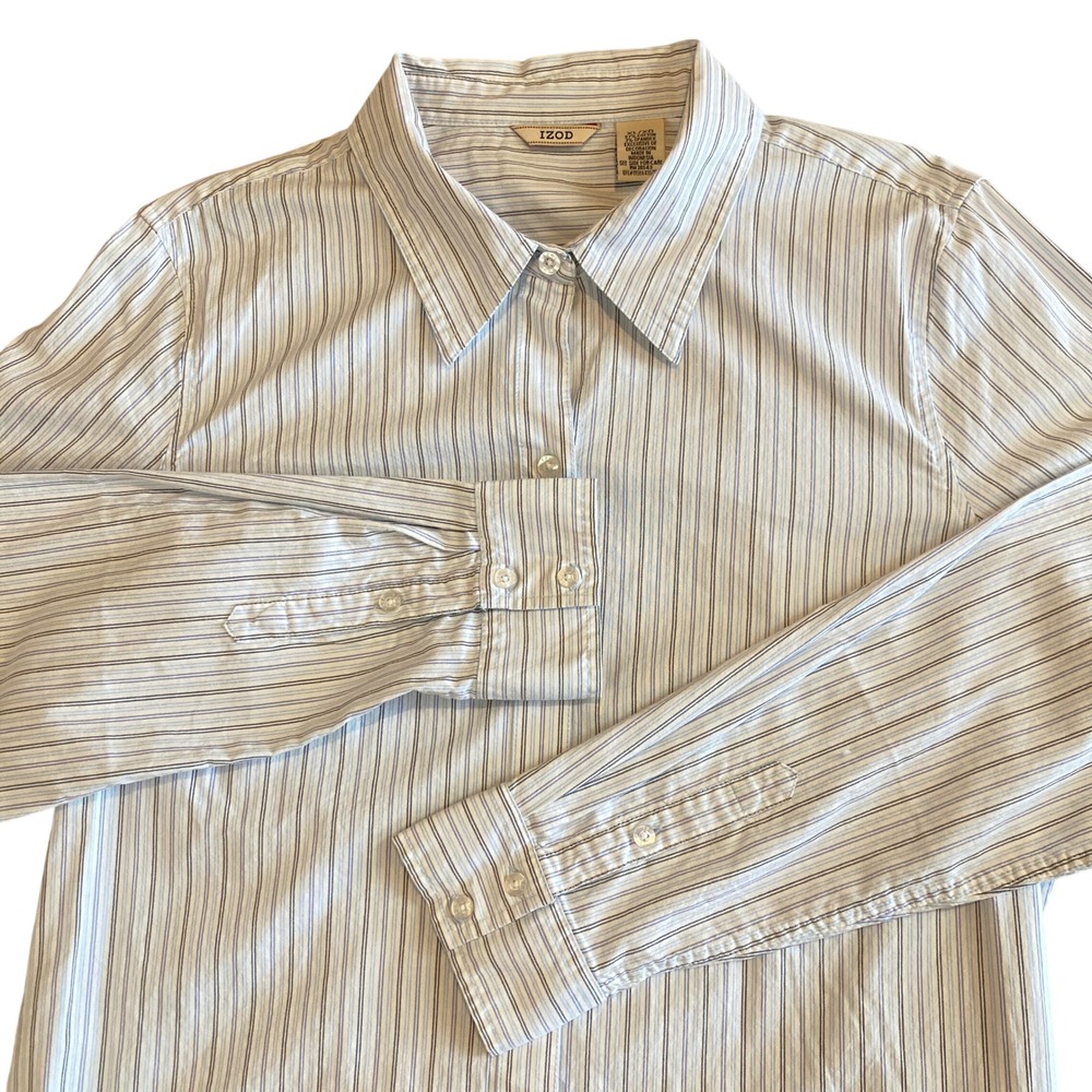 NEW IZOD Womens‎ XL Blue White Striped Button Down Shirt L/S Stretch Cotton NWT